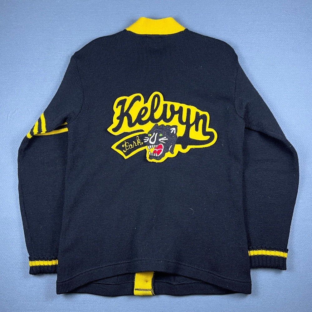 Vintage 50s Kelvyn Park Panther Letterman Cardigan Black Yellow 100% Wool - Picture 5 of 9